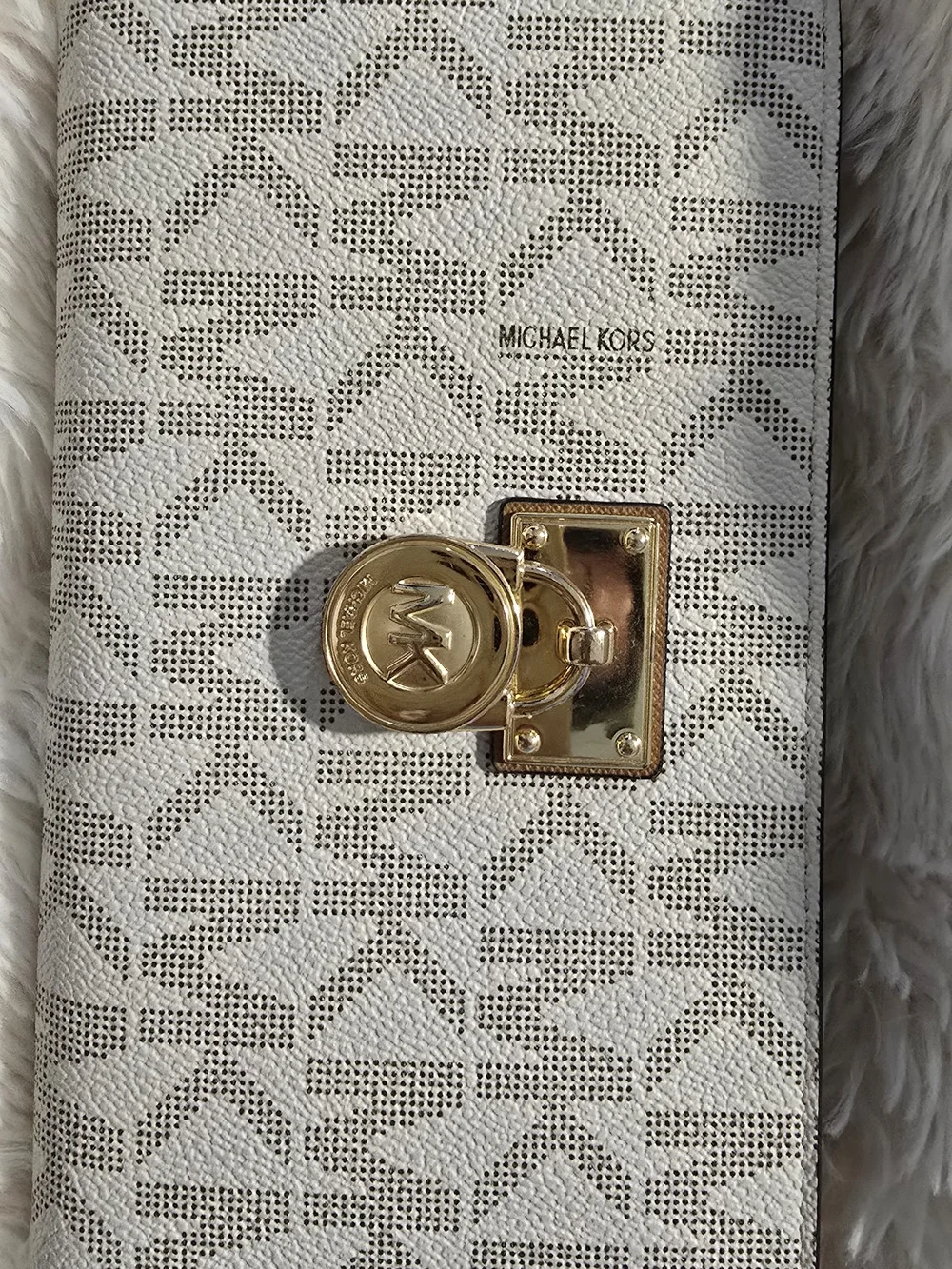 Michael Kors White Logo-Print Leather Clutch / Wallet with Gold Hardware